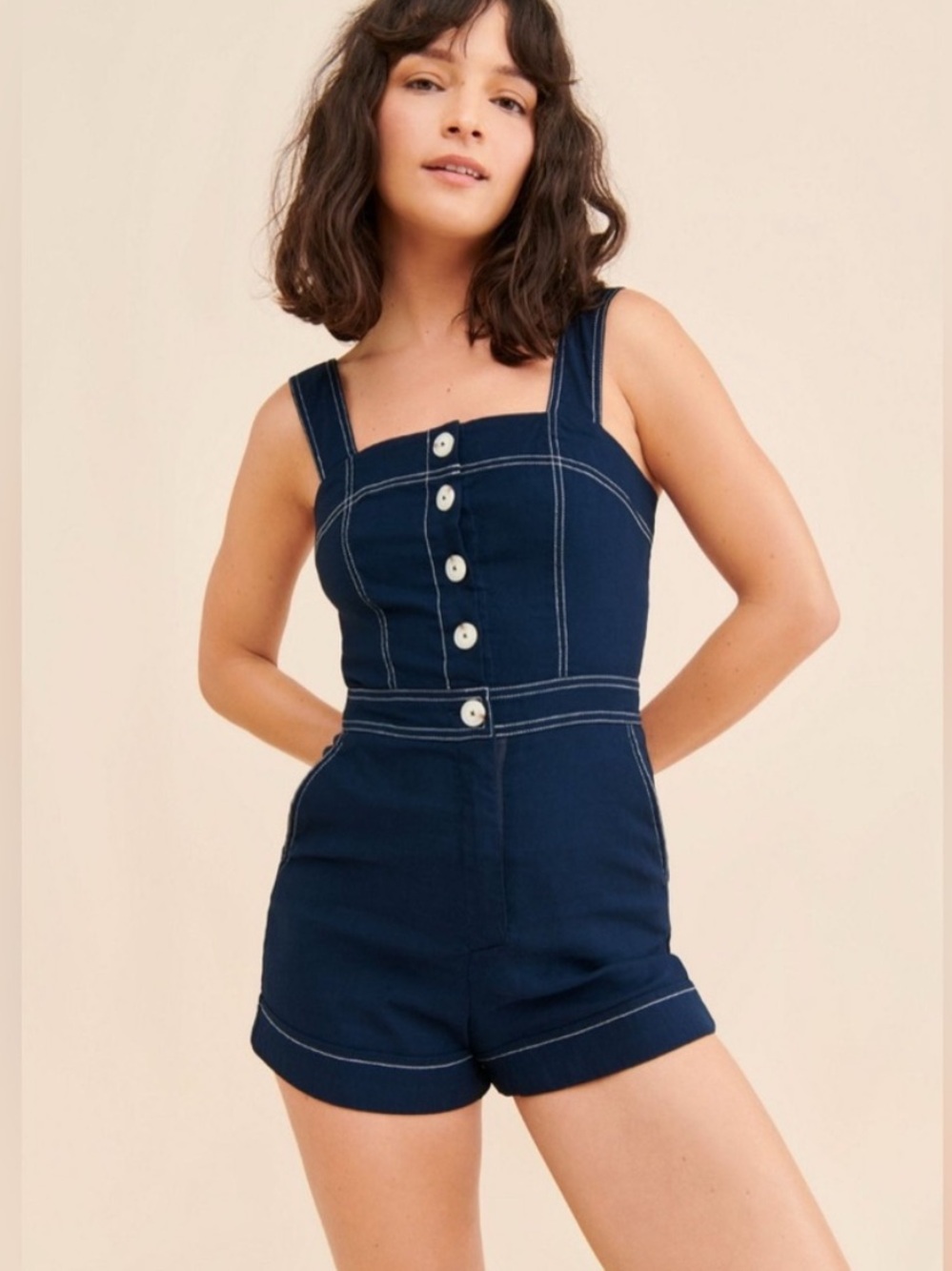 Anthropologie Maeve The Portside Button-Front Romper in Dark Blue Sz 6
